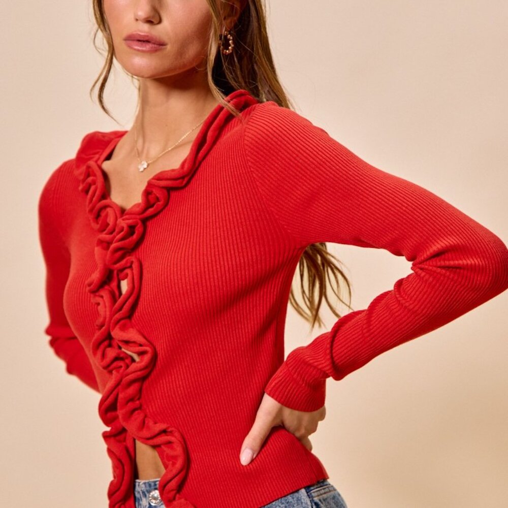 SO ME Cascade Ruffle Ribbed Sweater Cardgian - Picture 4 of 16